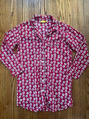 ROLLER RABBIT Women's Button Up Bearry Holidays Nightshirt Cotton Red Sz M